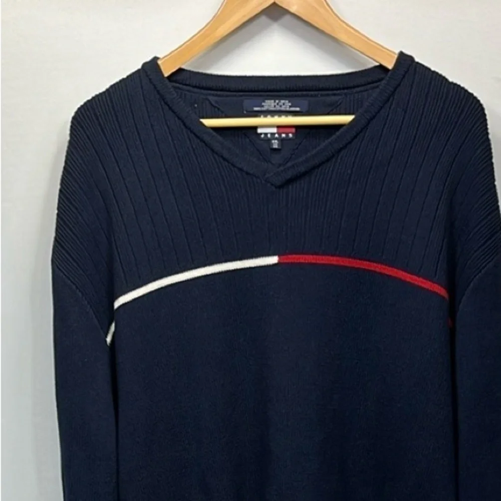 Tommy Hilfiger V Neck Sweater Mens Size XXL Navy All Cotton Ribbed Long Sleeve